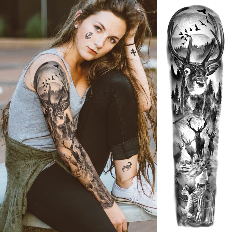 SOOVSY 46 Sheets Full Arm Temporary Tattoo with Lion  Temporary Tattoo Sleeves for Men  Fake Tattoos Adult Realistic with Flower  Full Sleeve Tattoos for Women w/Wolf Eagle & Deer - Image 4