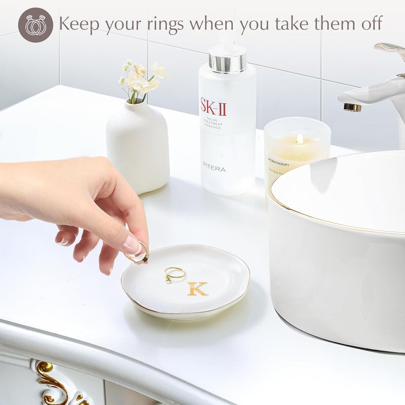 Procase Ceramic Jewelry Tray, Initial Ring Dish Trinket Plate Engagement Gift, Small Personalized Monogram Ring Bowl for Wedding, White Decorative Jewelry Holder for Women Vanity -Letter K - Image 3