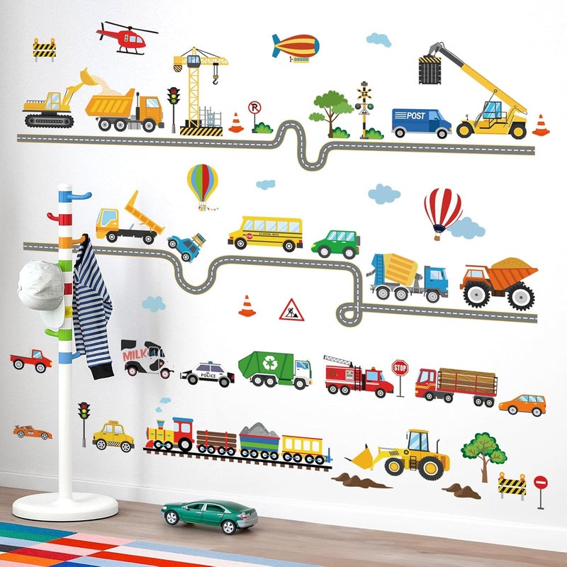 decalmile Car Road Wall Stickers Transports Vehicles Construction Truck Wall Decals Baby Nursery Kids Bedroom Playroom Wall Decor - Image 1
