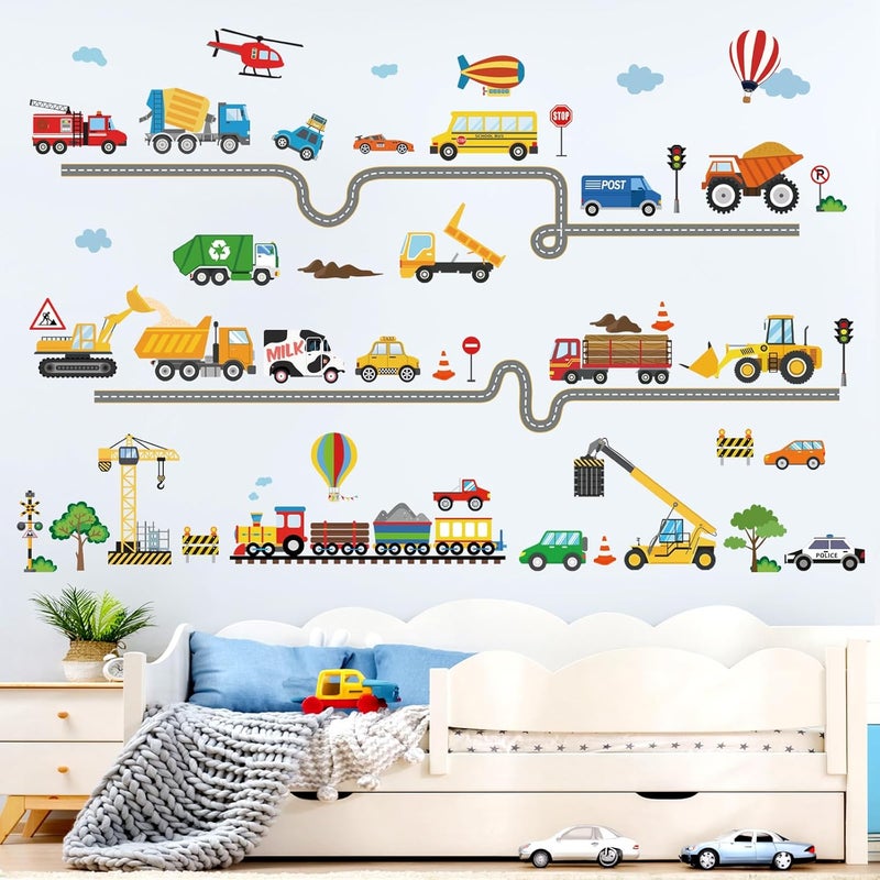 decalmile Car Road Wall Stickers Transports Vehicles Construction Truck Wall Decals Baby Nursery Kids Bedroom Playroom Wall Decor - Image 2