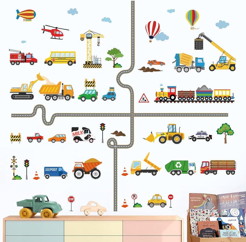 decalmile Car Road Wall Stickers Transports Vehicles Construction Truck Wall Decals Baby Nursery Kids Bedroom Playroom Wall Decor - Image 3