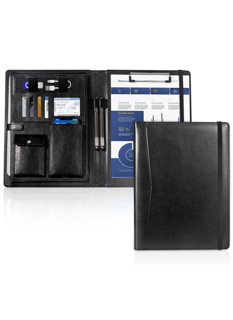 tutata Portfolio Folder PU Leather Padfolio for Men & Women, Resume Portfolio Folder, Elastic Cord, Document Sleeve, Letter Size Clipboard, Black  - Image 1