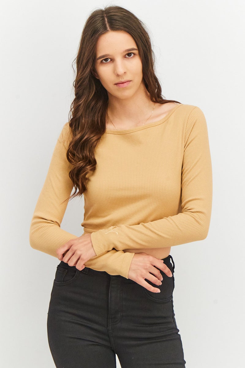 PUMA Women Classic Fit Ribbed Long Sleeve Top, Tan - Image 1