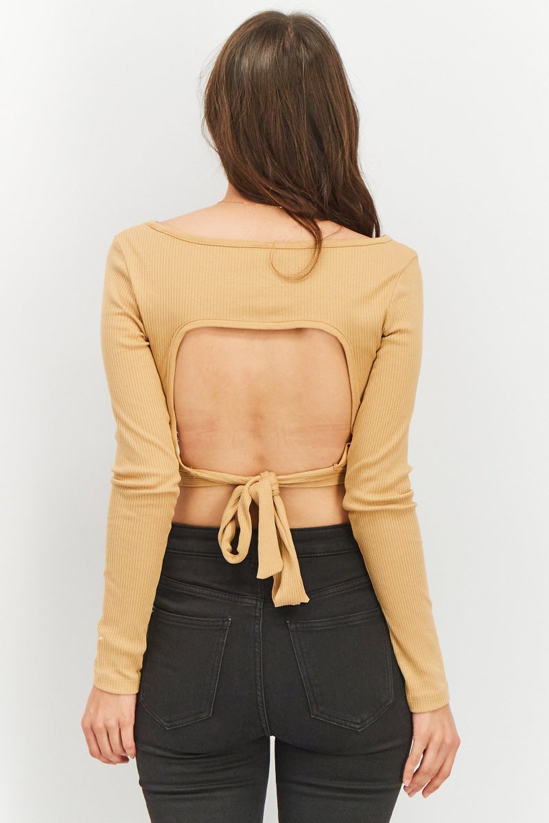 PUMA Women Classic Fit Ribbed Long Sleeve Top, Tan - Image 2