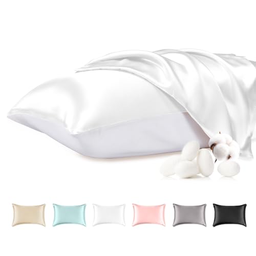 THXSILK 100% Mulberry Silk Pillowcase with Cotton Underside, Silk Pillowcase for Hair and Skin, Standard Size Grade 6A+ Mulberry Silk, Soft Breathable Pillow Cover with Zipper, 1 Pack (White,Standard) - Image 1