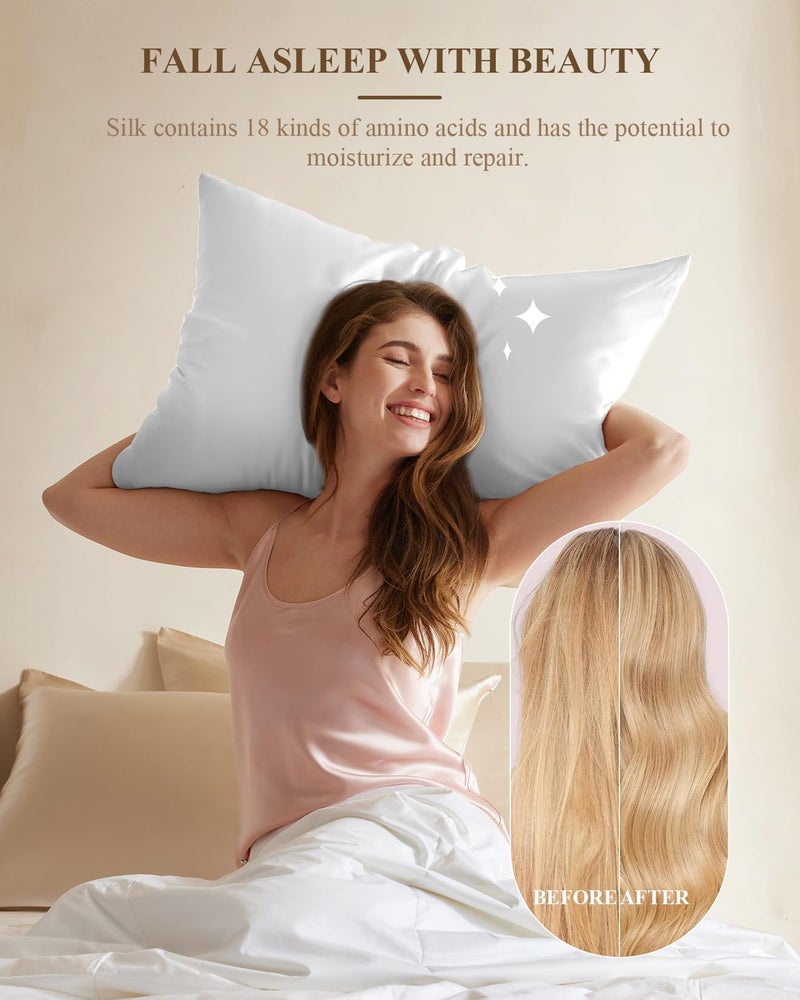 THXSILK 100% Mulberry Silk Pillowcase with Cotton Underside, Silk Pillowcase for Hair and Skin, Standard Size Grade 6A+ Mulberry Silk, Soft Breathable Pillow Cover with Zipper, 1 Pack (White,Standard) - Image 4