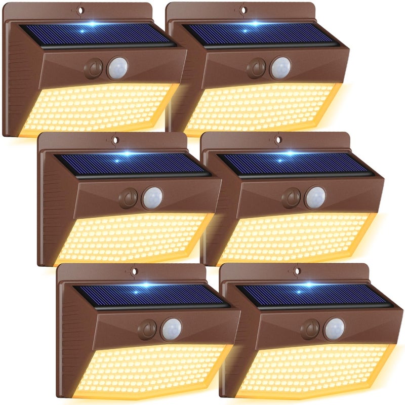 Peasur 6 Packs Solar Outdoor Lights Motion Sensor Solar Security Lights Waterproof with 3 Lighting Modes Solar Powered Wall Lights Outside for Garden Fence Yard Deck Brown Warm