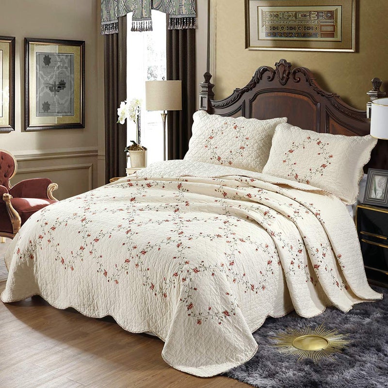 vctops 3-Piece Floral Embroidered Bedspread Coverlet Set Twin Size 100% Cotton Reversible Patchwork 1 Quilt and 2 Pillow Shams (Flower,Twin) - Image 2