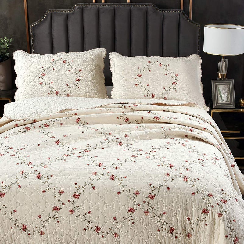 vctops 3-Piece Floral Embroidered Bedspread Coverlet Set Twin Size 100% Cotton Reversible Patchwork 1 Quilt and 2 Pillow Shams (Flower,Twin) - Image 3