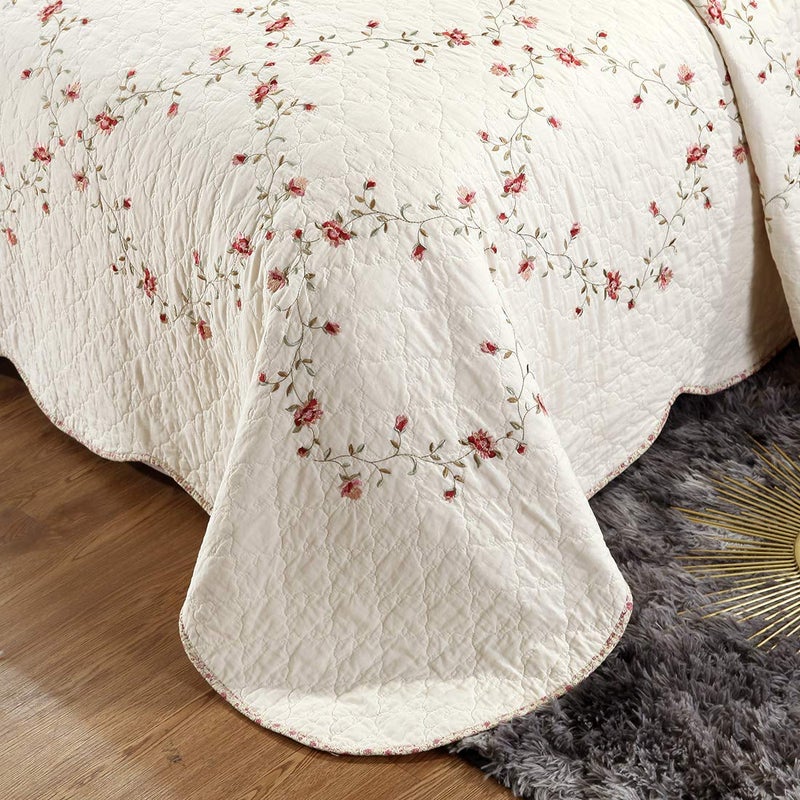 vctops 3-Piece Floral Embroidered Bedspread Coverlet Set Twin Size 100% Cotton Reversible Patchwork 1 Quilt and 2 Pillow Shams (Flower,Twin) - Image 4