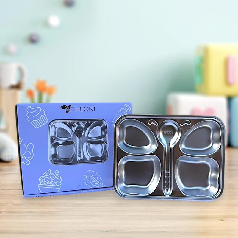 THEONI Stainless Steel Butterfly Plate for Kids – 4 Section Divided Tray | BPA-Free, Non-Toxic, Unbreakable Dinnerware for Toddlers & Babies - Image 1
