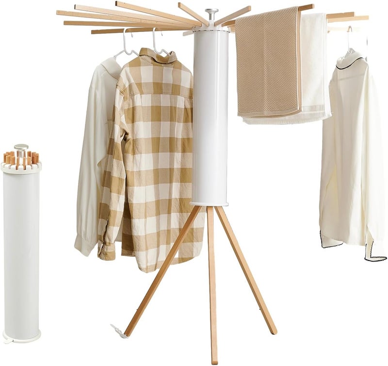 RFOUO Clothes Drying Rack Tripod,Foldable Portable Laundry Drying Rack with Wooden 16 Rods, Space-Saving Freestanding Clothes Rack for Indoor Outdoor, Apartment, Bedroom, Laundry Room - Image 1