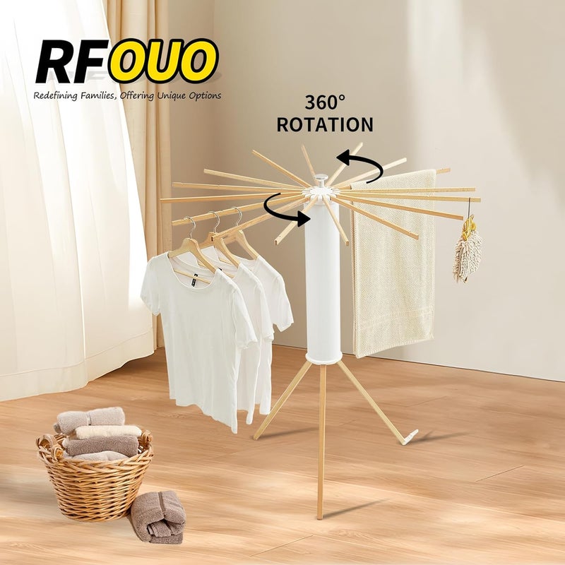 RFOUO Clothes Drying Rack Tripod,Foldable Portable Laundry Drying Rack with Wooden 16 Rods, Space-Saving Freestanding Clothes Rack for Indoor Outdoor, Apartment, Bedroom, Laundry Room - Image 4