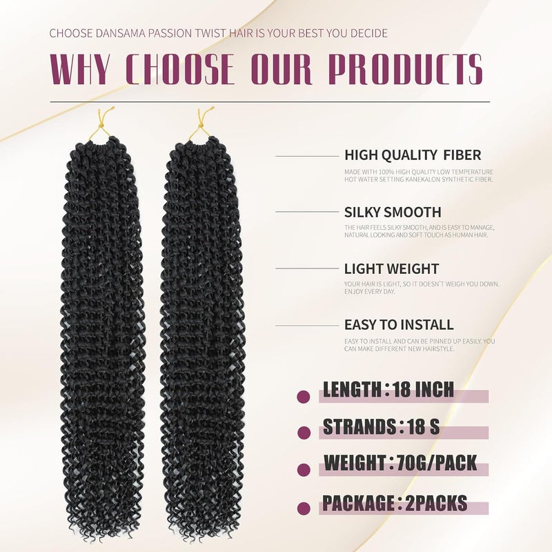 Dansama 2 Packs Passion Twist Hair Water Wave Braiding Hair for Butterfly Style Crochet Braids Bohemian Hair Extensions (18inch (Pack of 2), #1B) - Image 2