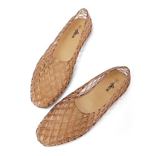 HEVA Women's Jelly Mesh Flats Breathable Clear Hollow Shoes Summer Beach Jellies Ballet Sandals(7 M US Beige) - Image 1