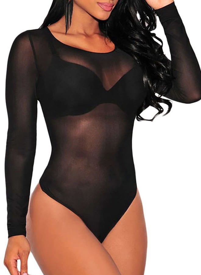 Lrady Women's Sheer Mesh Turtleneck Neck See Through Leotard Bodysuit Body Tops, W-black, XXL - Image 1