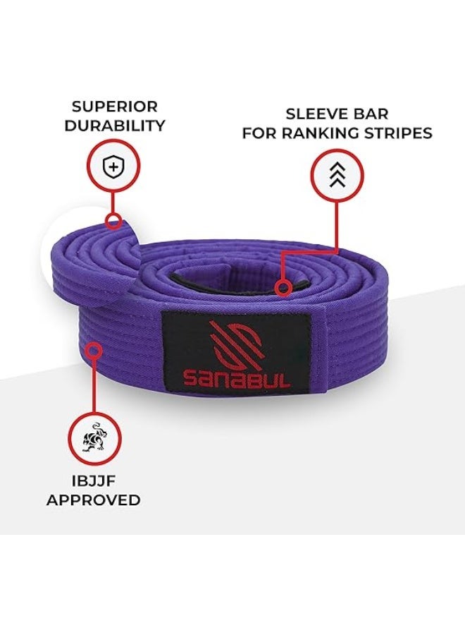 Sanabul  BJJ Belt Men & Women | Brazilian Jiu Jitsu Belt with Ranking Stripes Sleeve Bar | IBJJF Approved, Purple - Image 4