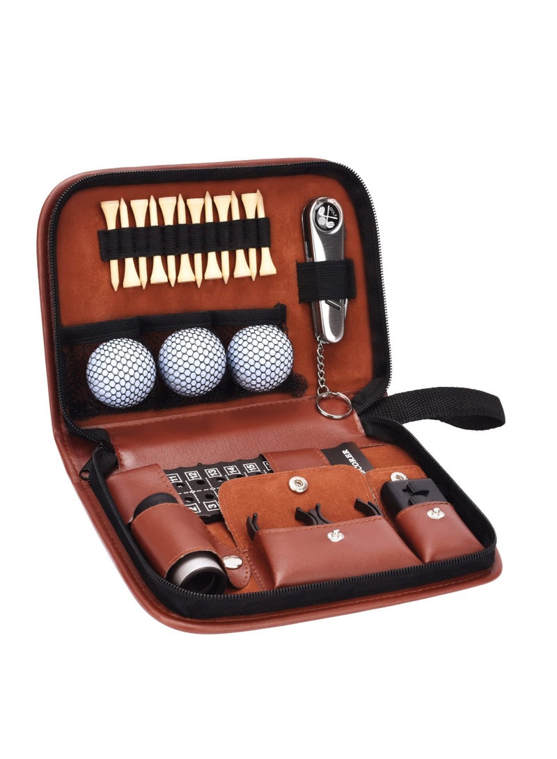 Excefore Golf Bag Accessories Set - Includes Hi-End Leather Case, Golf Balls, Rangefinder, Tees, Brush, Divot Knife, Scorer, and Ball Clamp,Golf Gifts for Men and Women - Image 1