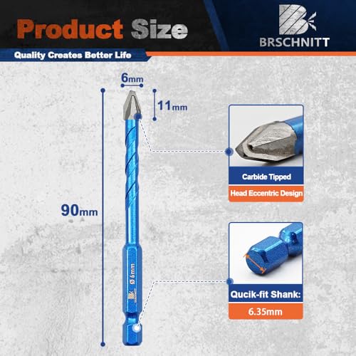BRSCHNITT Head Eccentric Drill Bit 1/4" 6mm - 10pcs Carbide Tipped Drill bit Masonry Drill Bit Sets for Porcelain Ceramic Tiles Glass Hard Plastic Cement/Granite etc - Image 2