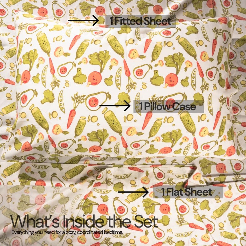 Salt Earth 100% Cotton 210Tc Kids Bedsheet  Twin Sheets Set For Toddler Bed  3 Piece Bedding Set Including Flat Sheet  Fitted Sheet  And Pillowcase  Themed Sheets For A Playful Kids Bed (Veggie) - Image 4