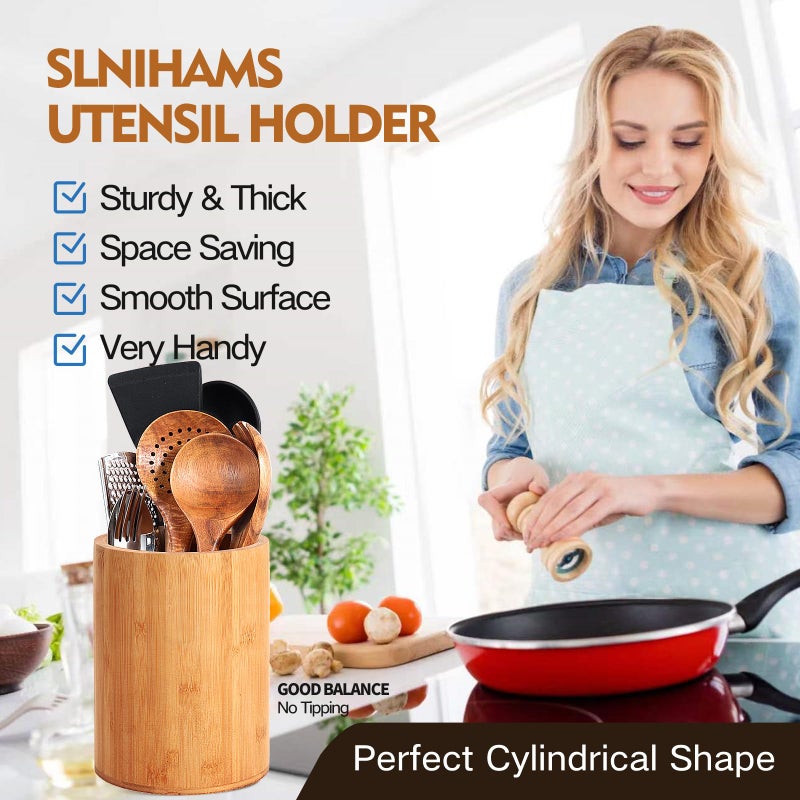 SLNIHAMS Bamboo Utensil Holder, Large Utensil Holders for Kitchen Counter, Bamboo Spoon and Chopstick Holder for Kitchen Decor, Flatware and Spatula Storage Organizer, for Countertop, Pantry and Bathroom - Image 3