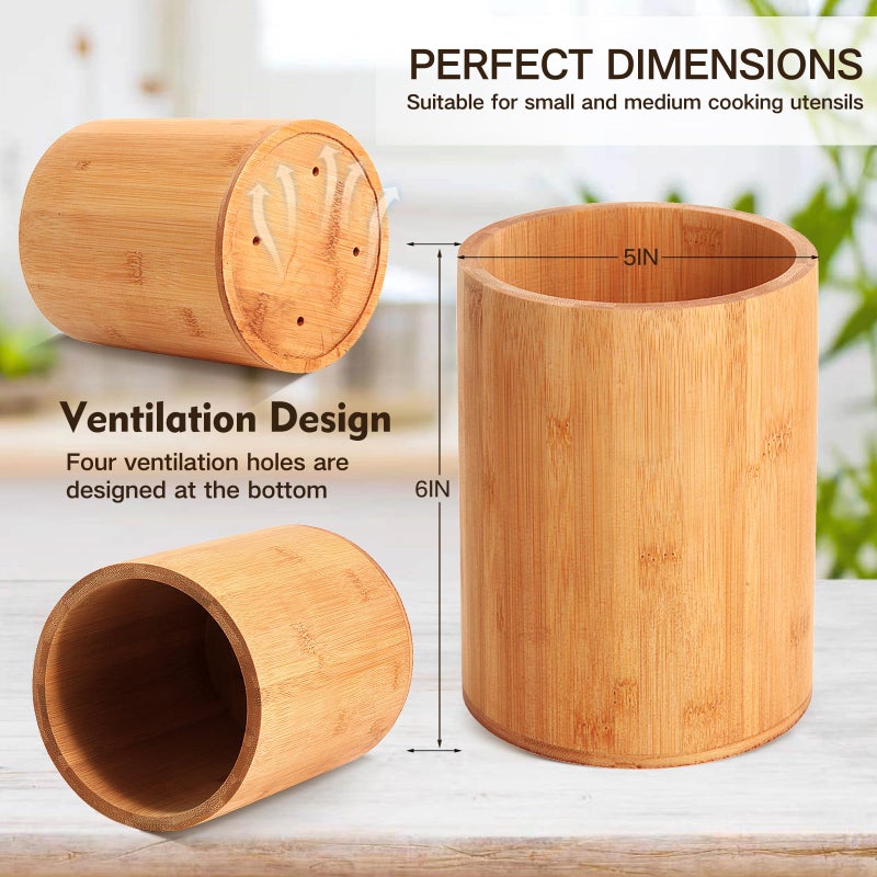 SLNIHAMS Bamboo Utensil Holder, Large Utensil Holders for Kitchen Counter, Bamboo Spoon and Chopstick Holder for Kitchen Decor, Flatware and Spatula Storage Organizer, for Countertop, Pantry and Bathroom - Image 2