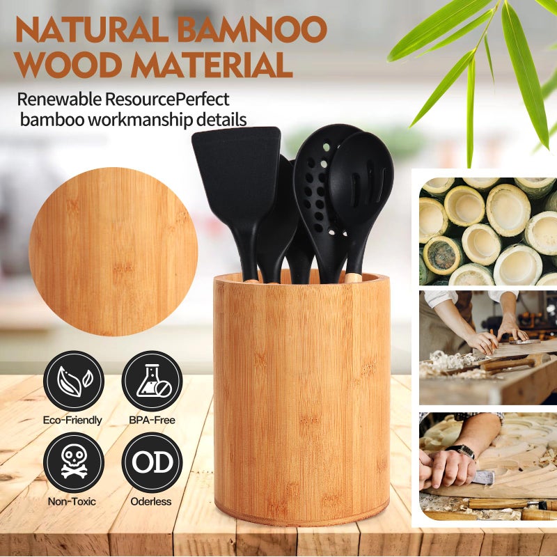 SLNIHAMS Bamboo Utensil Holder, Large Utensil Holders for Kitchen Counter, Bamboo Spoon and Chopstick Holder for Kitchen Decor, Flatware and Spatula Storage Organizer, for Countertop, Pantry and Bathroom - Image 5
