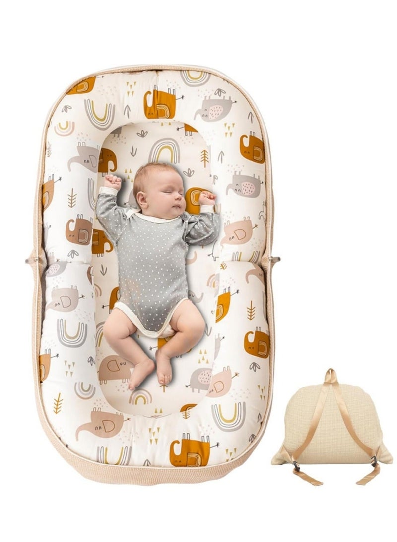 Soft Baby Lounger, Infants Travel Cots with Shoulder Strap, Portable Sleeping Bed for Toddlers, Crib u0026 Bassinet for Newborn 0-12 Months, Cartoon Design and Can Converts to Backpack (Khaki) - Image 1