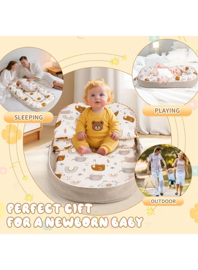 Soft Baby Lounger, Infants Travel Cots with Shoulder Strap, Portable Sleeping Bed for Toddlers, Crib u0026 Bassinet for Newborn 0-12 Months, Cartoon Design and Can Converts to Backpack (Khaki) - Image 4