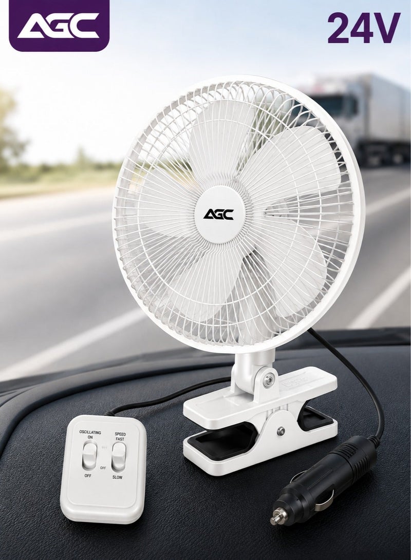 AGC 24V 11-Inch Oscillating Car Fan with Strong Clip Mount, 2 Speed Fast & Slow Control, Oscillation On/Off Switch, Adjustable Tilt, Portable Vehicle Cooling Fan for Truck Bus RV Cabin, White - Image 1