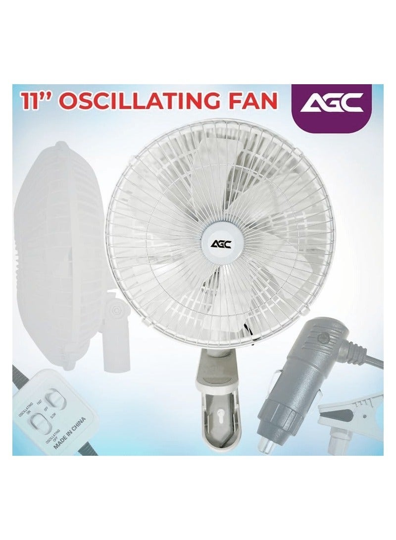 AGC 24V 11-Inch Oscillating Car Fan with Strong Clip Mount, 2 Speed Fast & Slow Control, Oscillation On/Off Switch, Adjustable Tilt, Portable Vehicle Cooling Fan for Truck Bus RV Cabin, White - Image 3