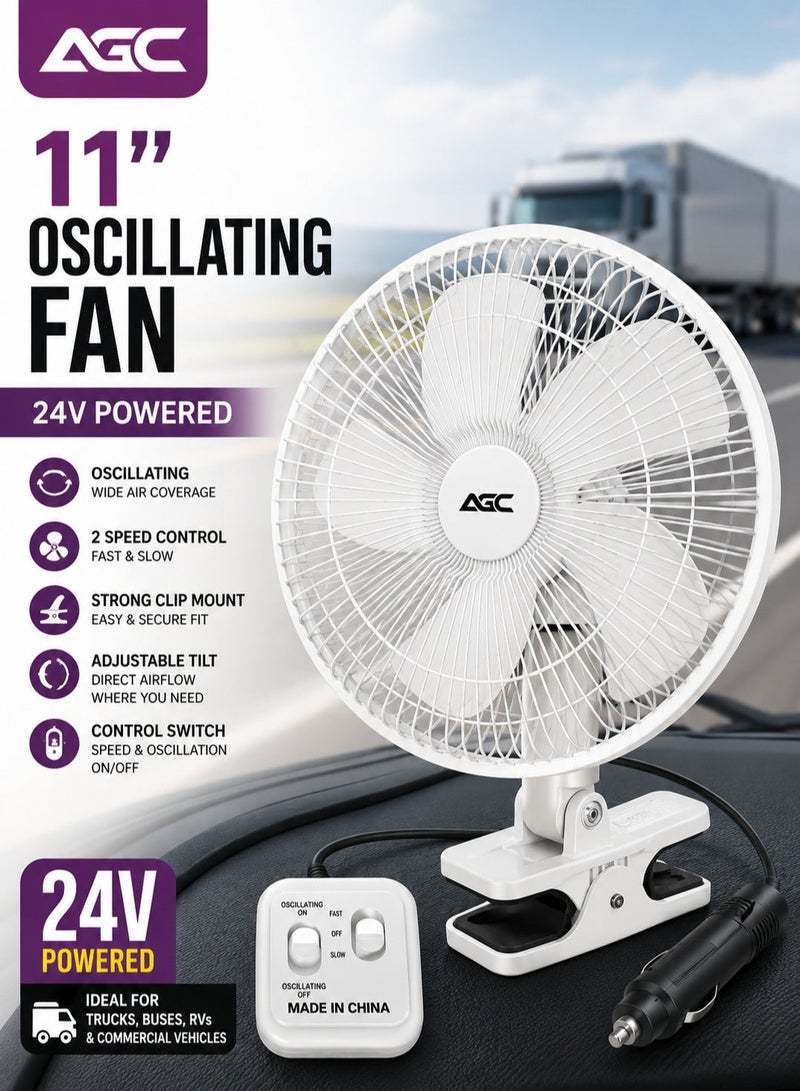 AGC 24V 11-Inch Oscillating Car Fan with Strong Clip Mount, 2 Speed Fast & Slow Control, Oscillation On/Off Switch, Adjustable Tilt, Portable Vehicle Cooling Fan for Truck Bus RV Cabin, White - Image 2
