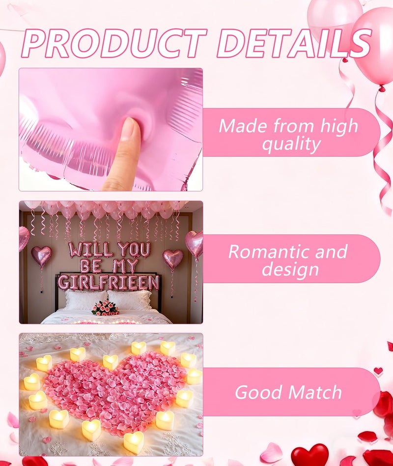 Irosiy Pink Romantic Decor Kit - Heart Balloons, Rose Petals & Candle Set for Proposals, Anniversary, Valentines Day (30 Balloons + 1000 Petals + 24 Candles) (Pink) - Image 3