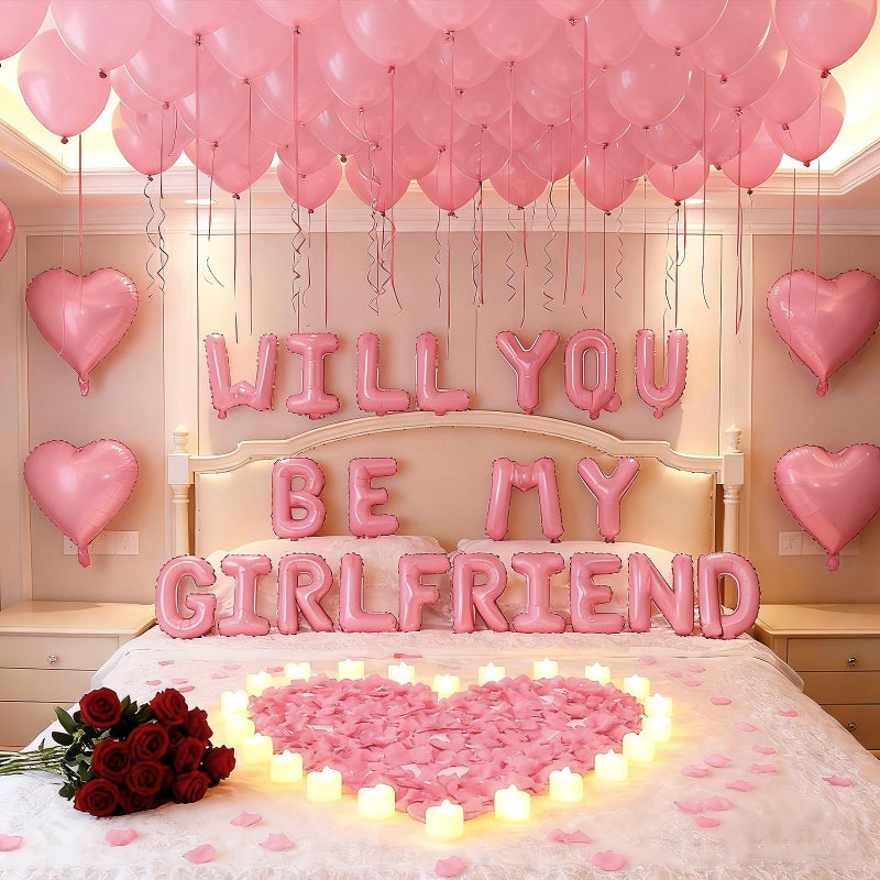 Irosiy Pink Romantic Decor Kit - Heart Balloons, Rose Petals & Candle Set for Proposals, Anniversary, Valentines Day (30 Balloons + 1000 Petals + 24 Candles) (Pink) - Image 1