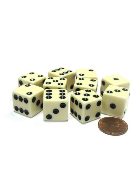 Set of 10 Six Sided Square Opaque 16mm D6 Dice - Ivory with Black Pip Die by Koplow Games