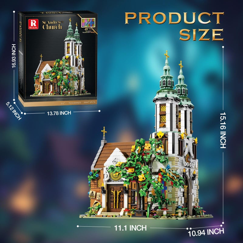 Reobrix St.Andrew's Church Architecture Building Kit with LED Lights,MOC Street Modular Collectible Display Kit,Construction Building Model Set,Home Office Decor,Idea Gift for Adults and Teen,3087 PCS - Image 5