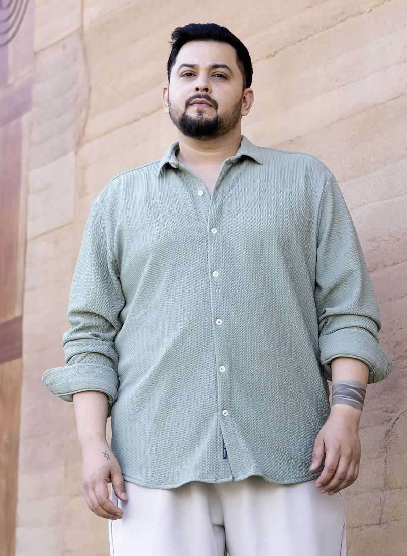 انستافاب بلس قميص رجالي أخضر بالنعناع بنسيج حبل مقاس بلس للملابس الكاجوال بياقة عريضة وأكمام طويلة بأزرار