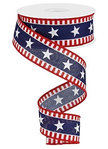 Expressions Stars  Stripes Wired Edge Ribbon  10 Yards Canvas Red White Navy Blue 