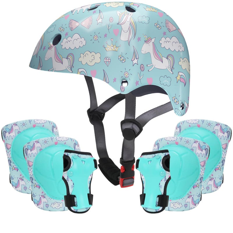 Uyomal Children's Protective Gear Set,Kids Helmet with Knee Pads Elbow Pads and Wrist Guards,Child Protective Gear for Girls Age 3-8 Years (Lake Blue) - Image 1