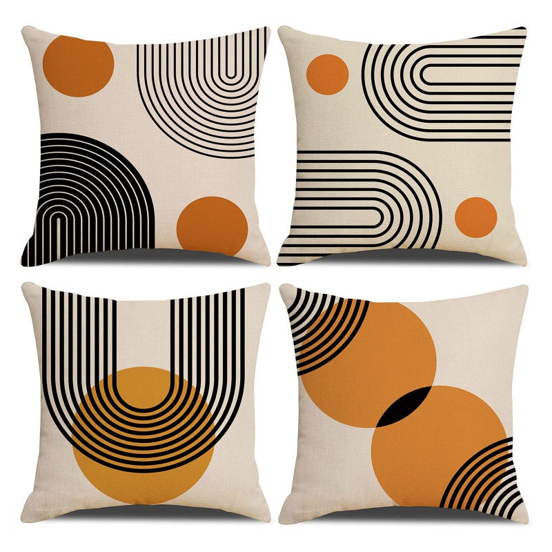 IcosaMro Boho Pillow Covers 18x18 Set of 4 Mid Century Modern Arch Sun Decor Cotton Linen Throw Pillow Cover Decorative Boho Cushion Cover with Zipper Black and Orange