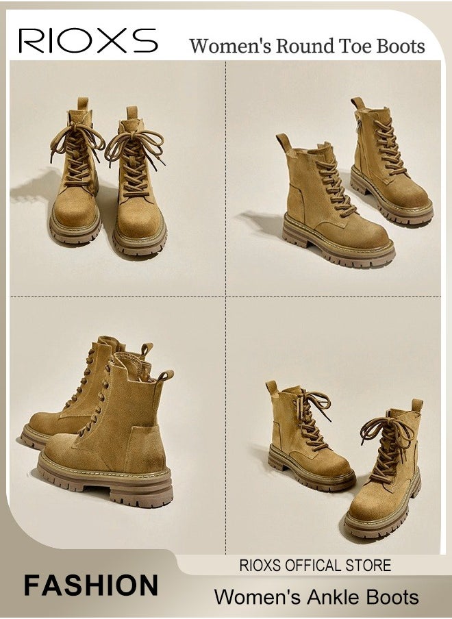 RIOXS - Women's Ankle Boots, Ladies Fashion Casual Boots, Side Zipper 8-Eye Lace Up Boots, High Heel Ankle Bootie, Comfortable Pump Shoes, Waterproof  Charmful Boots, Round Toe Lug Sole Booties For Women - Image 1