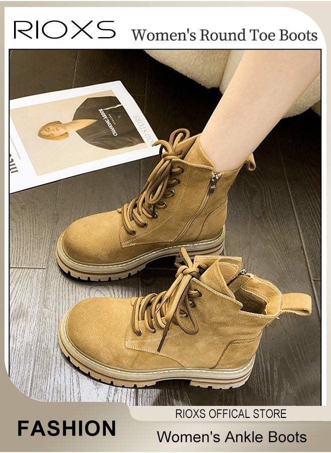 RIOXS - Women's Ankle Boots, Ladies Fashion Casual Boots, Side Zipper 8-Eye Lace Up Boots, High Heel Ankle Bootie, Comfortable Pump Shoes, Waterproof  Charmful Boots, Round Toe Lug Sole Booties For Women - Image 1