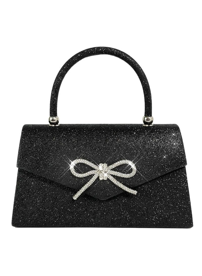 SYOSI - Womens Evening Bag Sparkly Bow Clutch Purse Wedding Party Purses Glitter Rhinestone Prom Handbags Sparkling Powder Banquet Chain Crossbody Black - Image 1