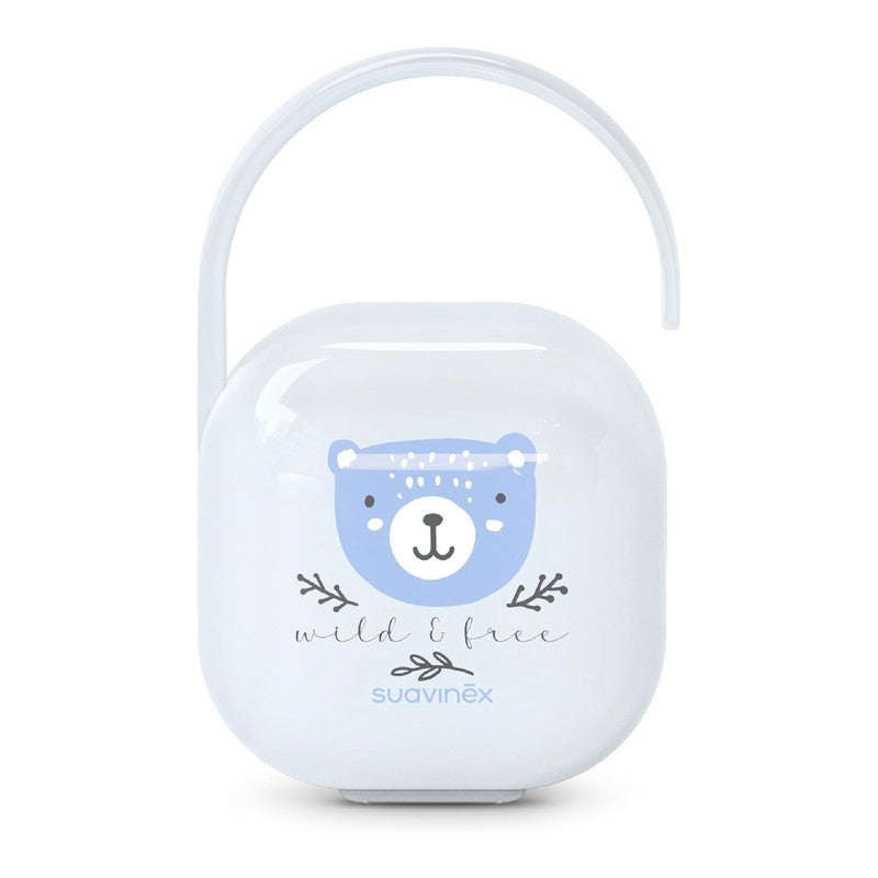 SUAVINEX سوفينكس، حامل مصاصة للأطفال، لحمل 2 مصاصات، صندوق – علبة متينة وسهلة التنظيف، مع مقبض مرن للتعليق من الحقيبة أو عربة الأطفال أو السرير، إغلاق آمن، +0 شهر، أزرق برّي&حر - Image 1