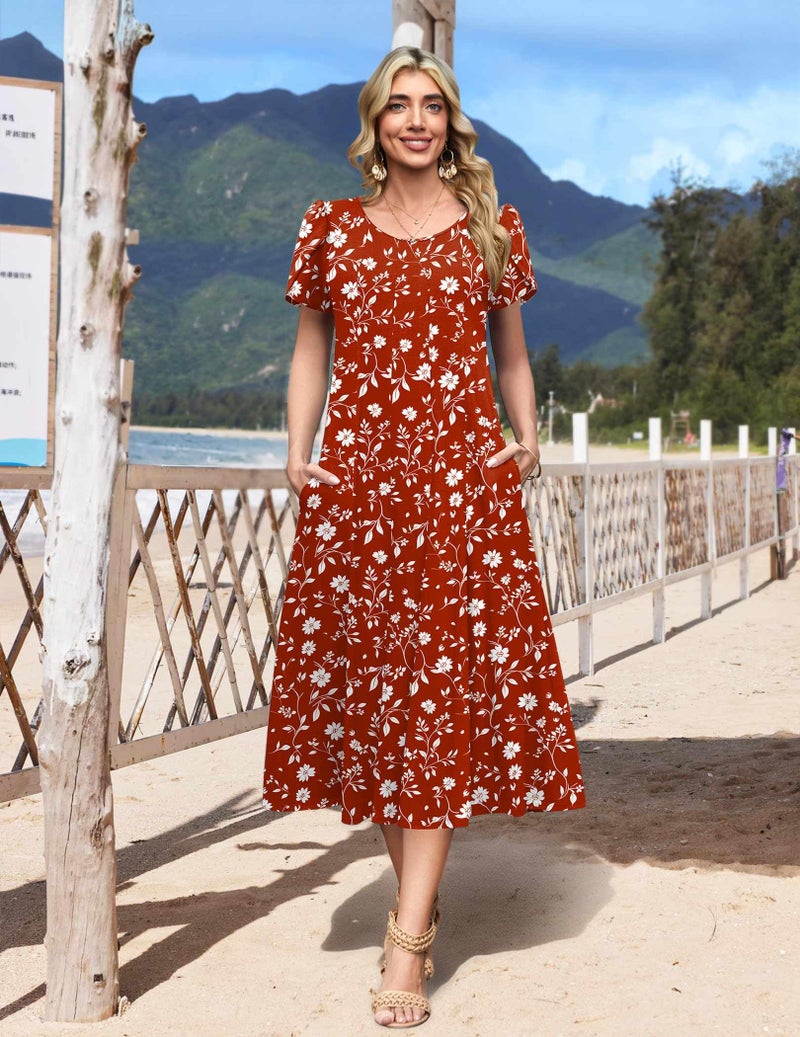HOTOUCH Red Floral Dress for Women Summer Dresses Womens Cotton Dresses 2026 Empire Waist Dress Ladies Boho Sundress Flowy, Red Floral 01,M - Image 3