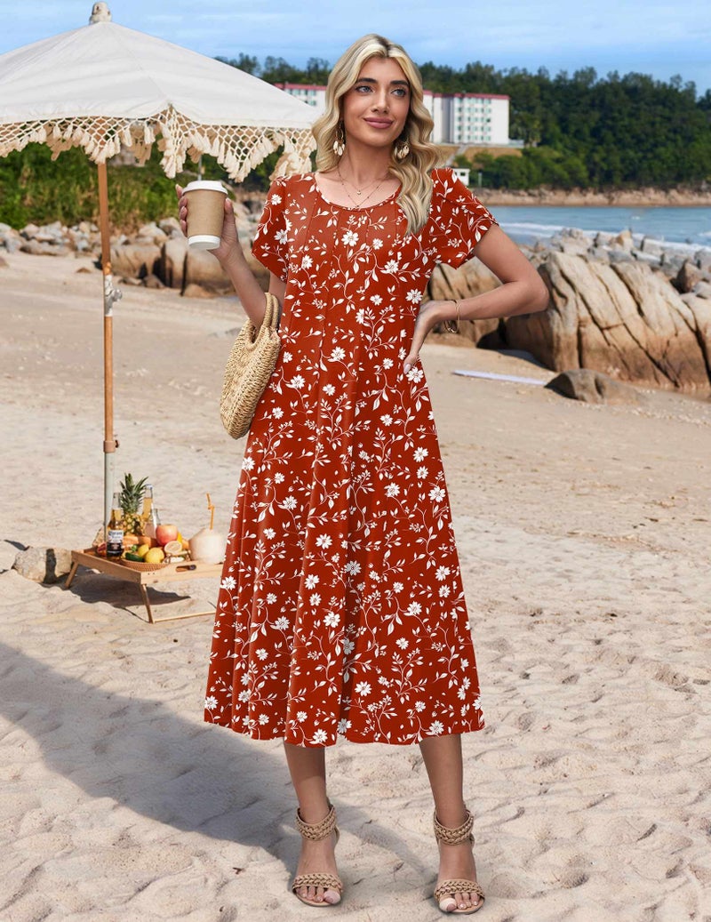 HOTOUCH Red Floral Dress for Women Summer Dresses Womens Cotton Dresses 2026 Empire Waist Dress Ladies Boho Sundress Flowy, Red Floral 01,M - Image 4