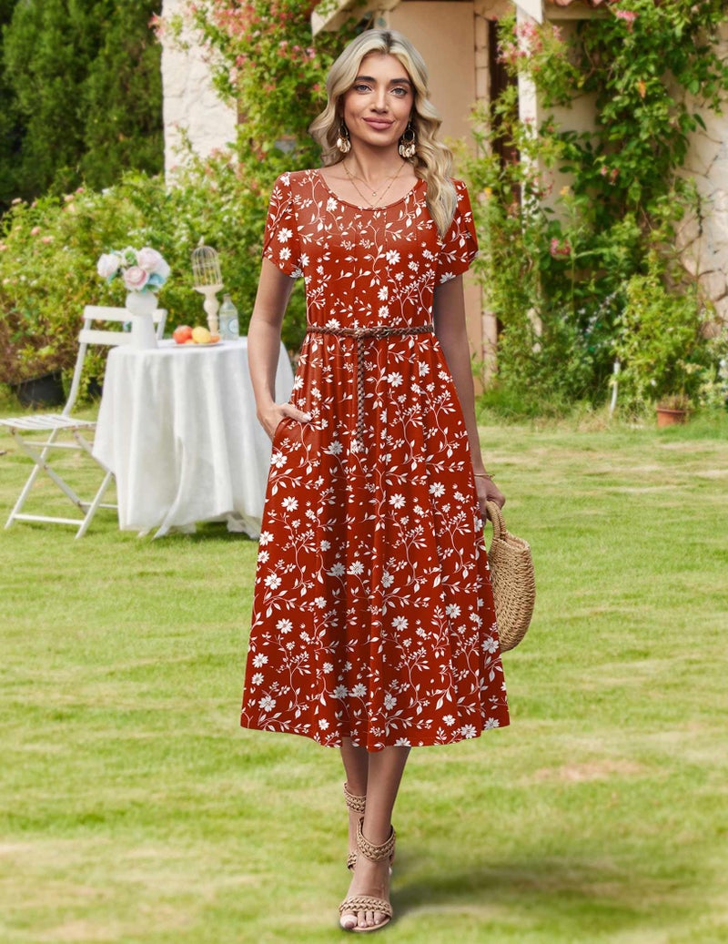 HOTOUCH Red Floral Dress for Women Summer Dresses Womens Cotton Dresses 2026 Empire Waist Dress Ladies Boho Sundress Flowy, Red Floral 01,M - Image 5