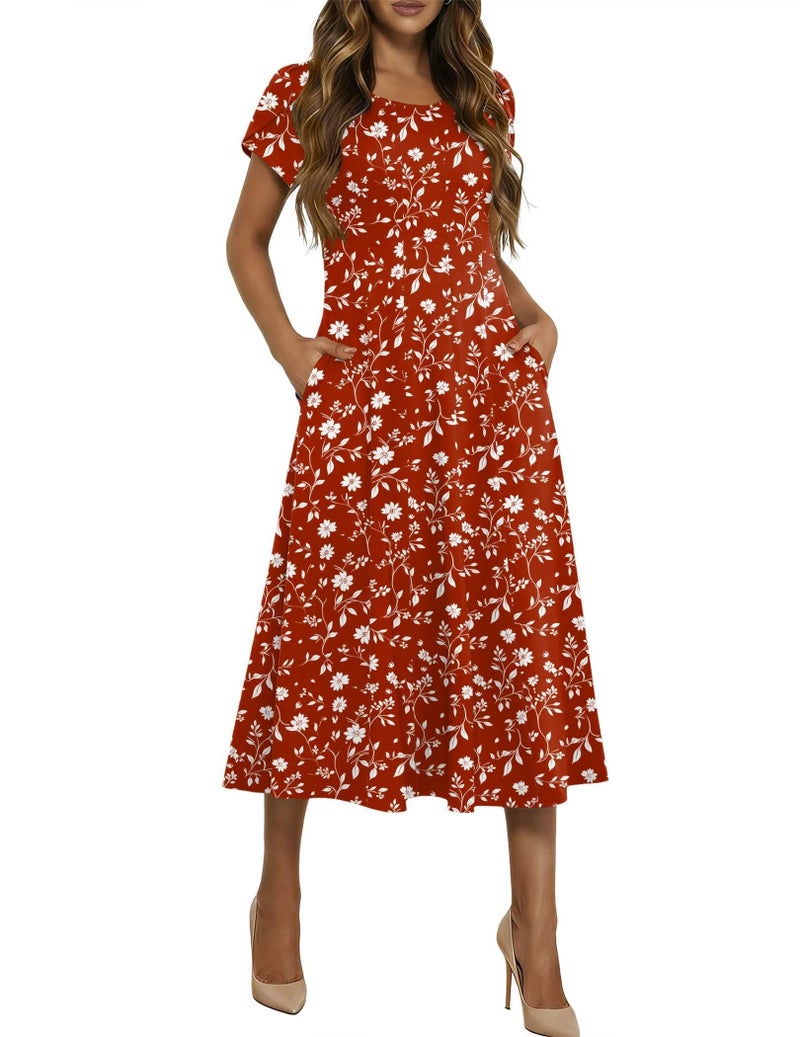 HOTOUCH Red Floral Dress for Women Summer Dresses Womens Cotton Dresses 2026 Empire Waist Dress Ladies Boho Sundress Flowy, Red Floral 01,M - Image 1