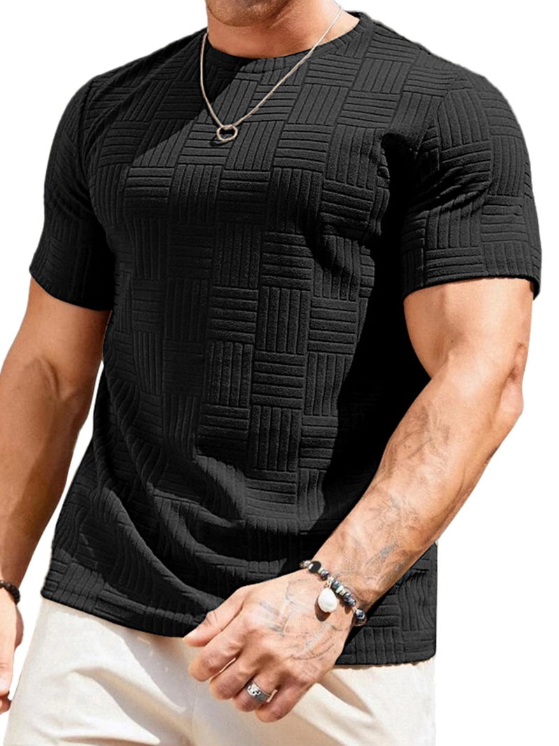 JMIERR Men's Solid Round Neck Tee Short Sleeve Slim Gym Workout Athletic T-Shirts, US40(M), Black - Image 1