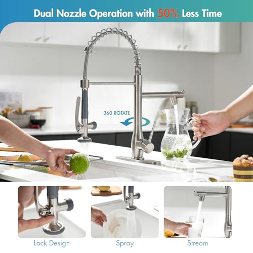 GIMILI Kitchen Faucet with Pull Down Sprayer Single Handle High Pressure Brushed Nickel Kitchen Sink Faucet Commercial Double-Headed Stainless Steel Kitchen Faucets Sink with Deck Plate - Image 3